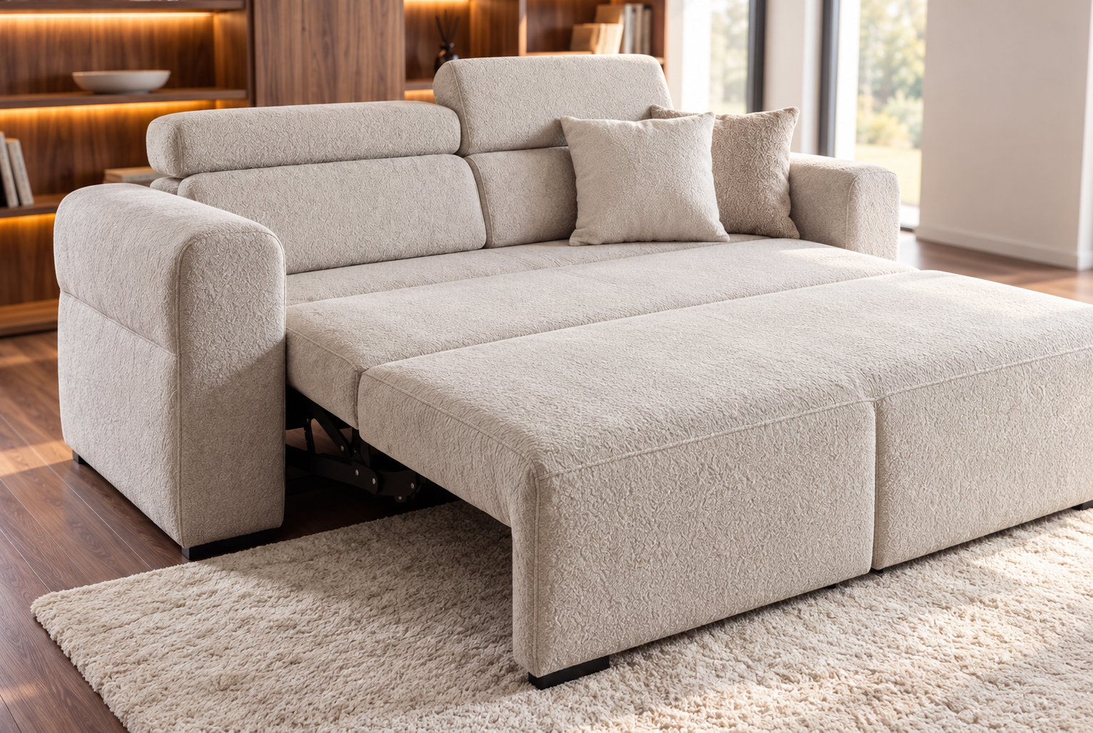 rozłożona, jasna sofa Lumi
